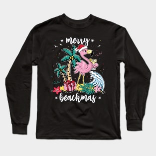 Funny Christmas Flamingo Merry Beachmas Womens Long Sleeve T-Shirt